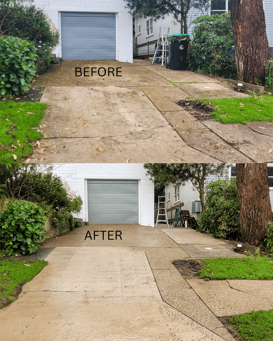 Before and after of a concrete driveway cleaned by Washlord