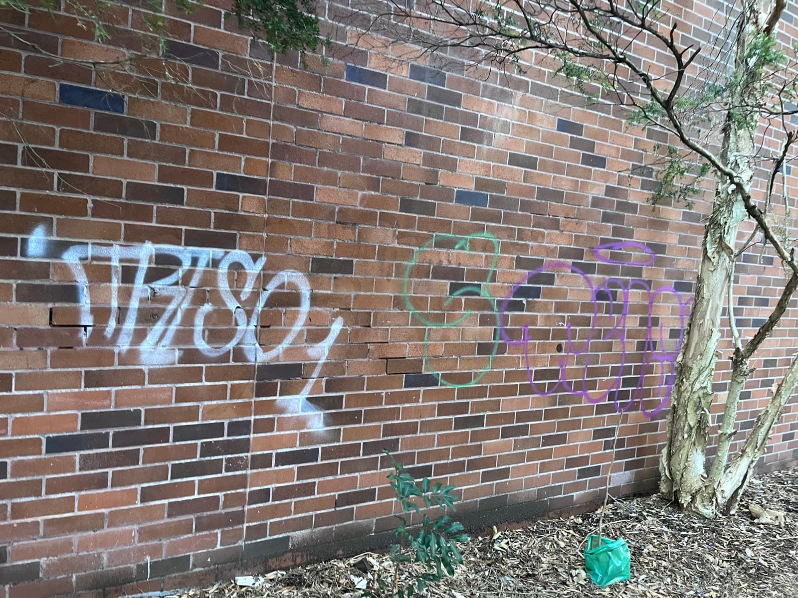 White and coloured graffiti tags on brick wall before removal — Northern Beaches