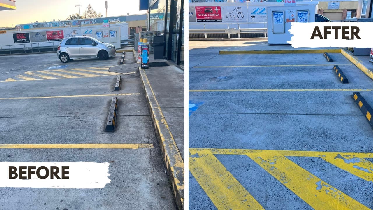 Commercial carpark concrete before and after pressure cleaning — Pearl Energy, Mona Vale