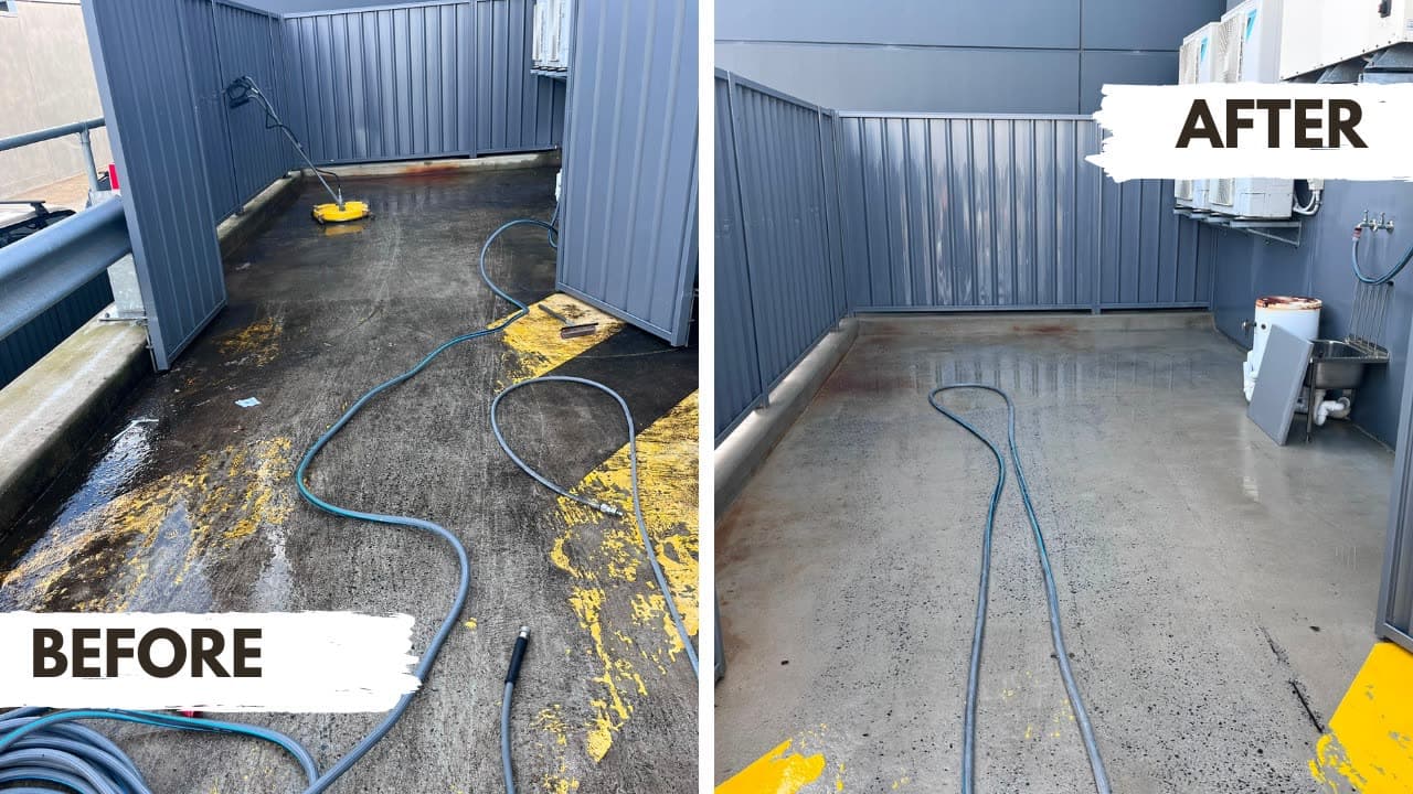 Commercial rooftop plant deck concrete before and after pressure cleaning — Pearl Energy, Mona Vale